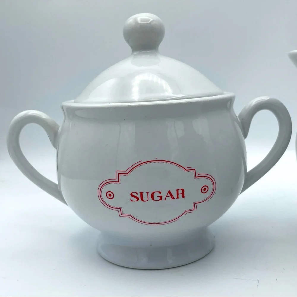 C R Gibson Farmhouse White Sugar and Creamer Set with Red Accents